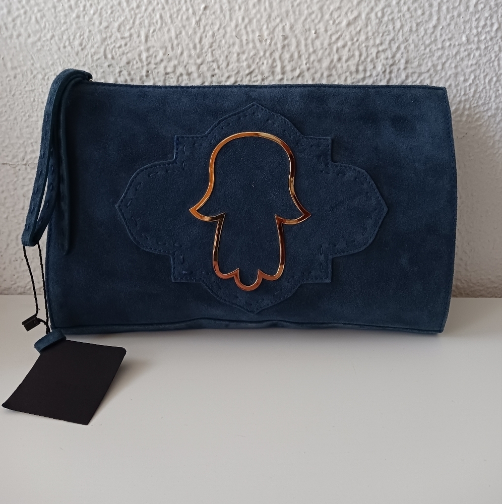 NWT Mehry Mu genuine leather/ blue suede clutch/ wristlet bag